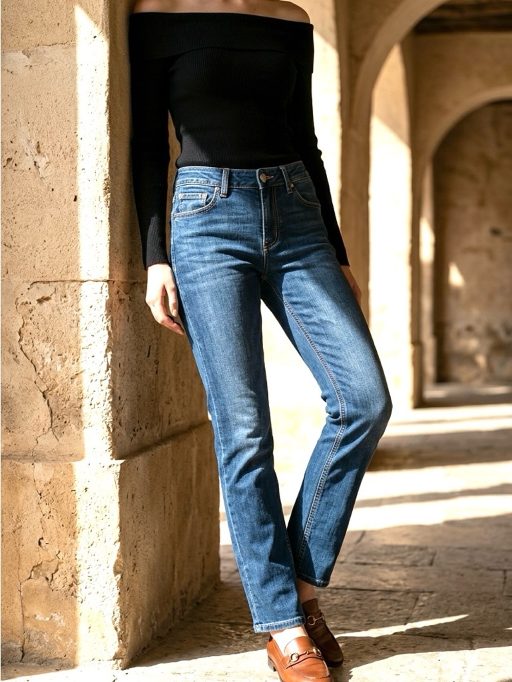 PAIGE Medium Blue High-Rise Straight Leg Jeans